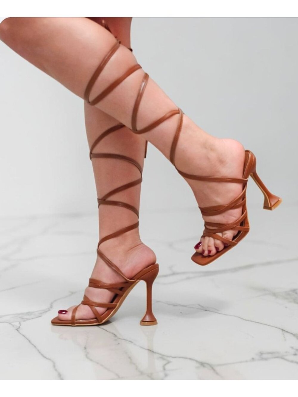 Strappy Brown Gladiator Heels With Lace-Up Design & Square Toe High Heel Sandals - Picture 13 of 16